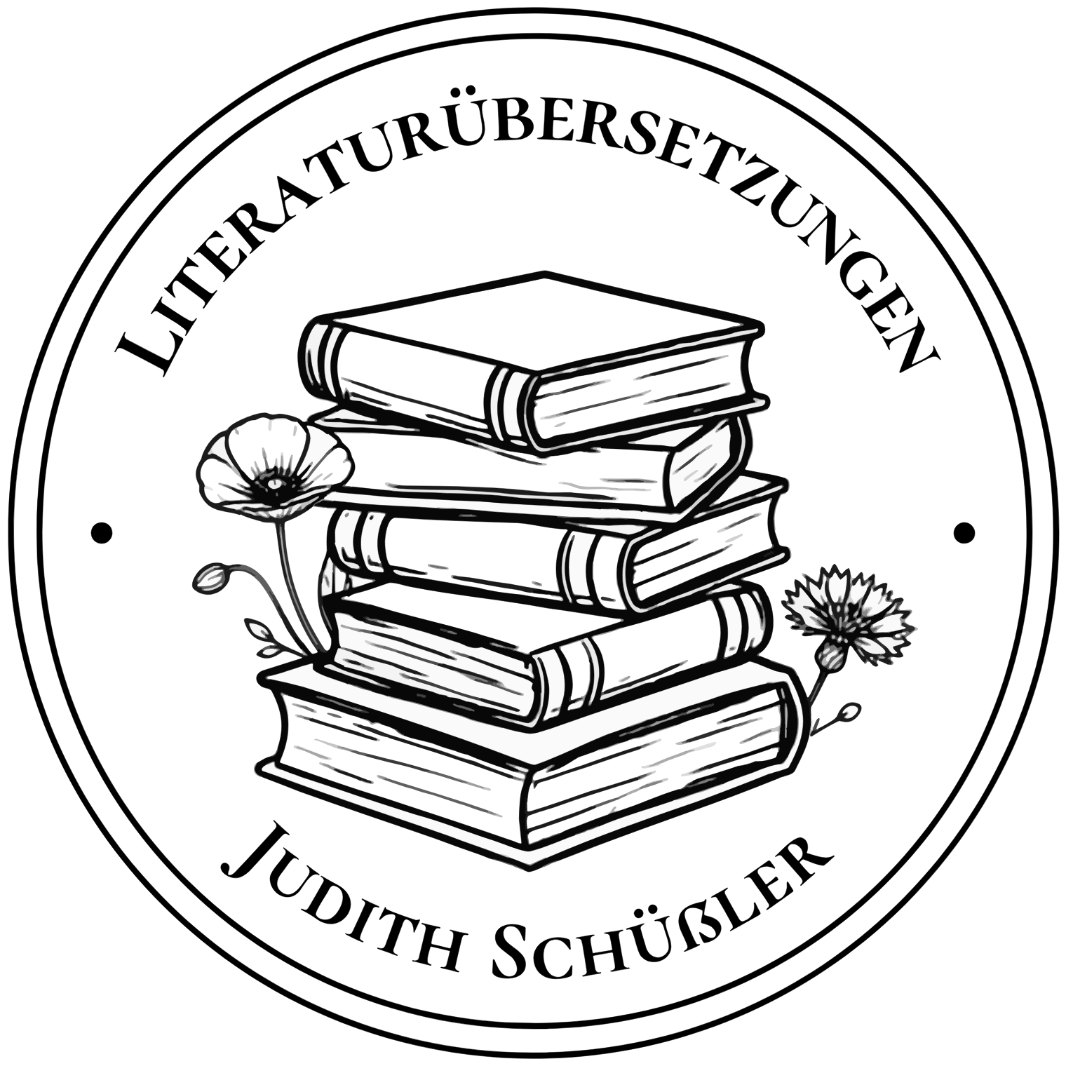 Das Logo von Judith Schüßler zeigt einen Stapel Bücher mit Blumen und gibt an, dass sie Literaturübersetzungen anfertigt.